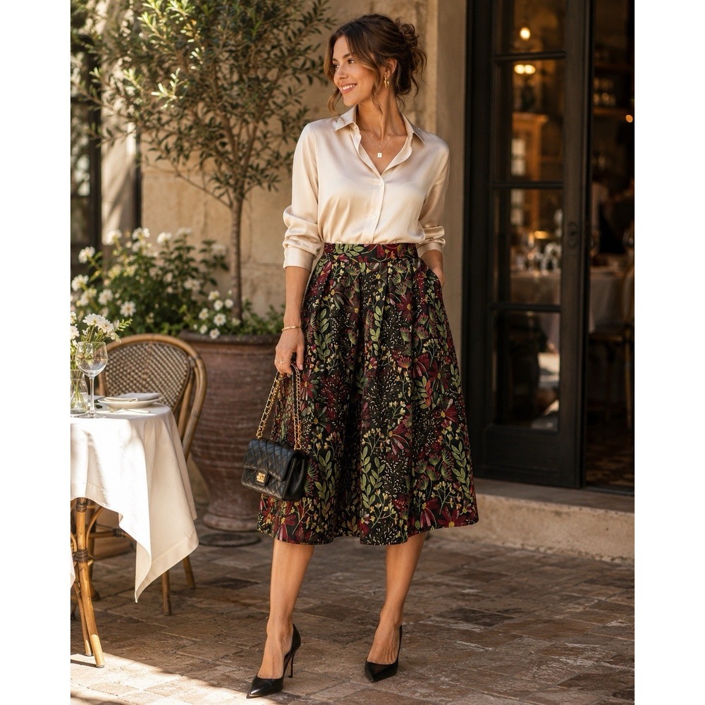 Chicwish Burgundy, Green and Black Floral Midi Skirt